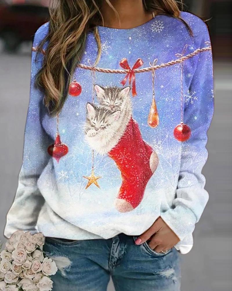 

Christmas Cat Print Long Sleeve Sweatshirt, Light blue