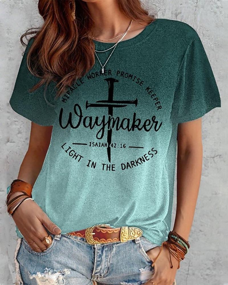 

Ombre Cross Waymakes Light In The Darkness Print Casual T-Shirt, Green