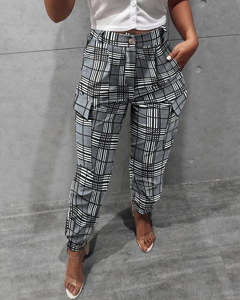 

Pocket Design Checkers Print Pants, Gray