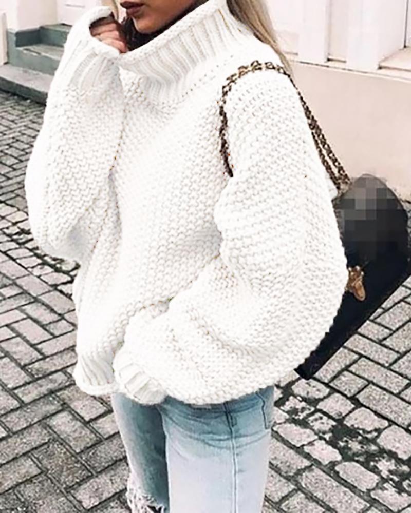 

High Neck Batwing Lantern Sleeve Knit Sweater, Beige