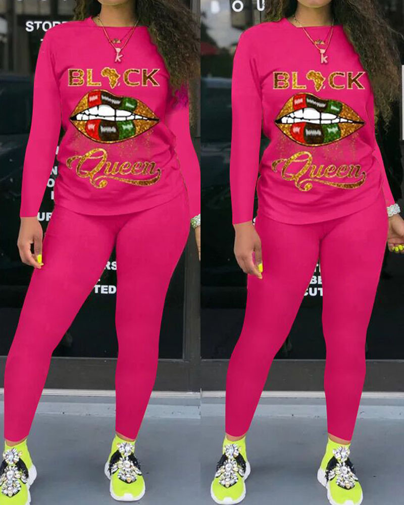

Lip Letter Print Long Sleeve Top & Pants Set, Hot pink