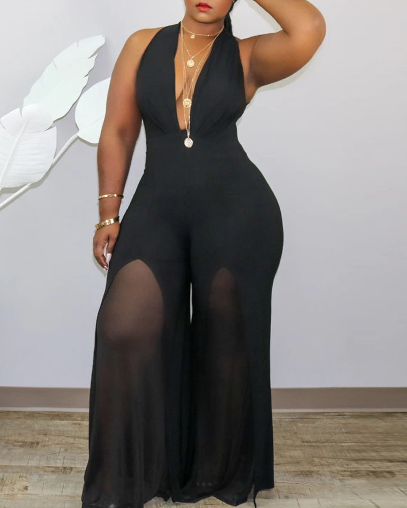 

Plus Size Deep V-Neck Contrast Mesh Wide Leg Jumpsuit, Black