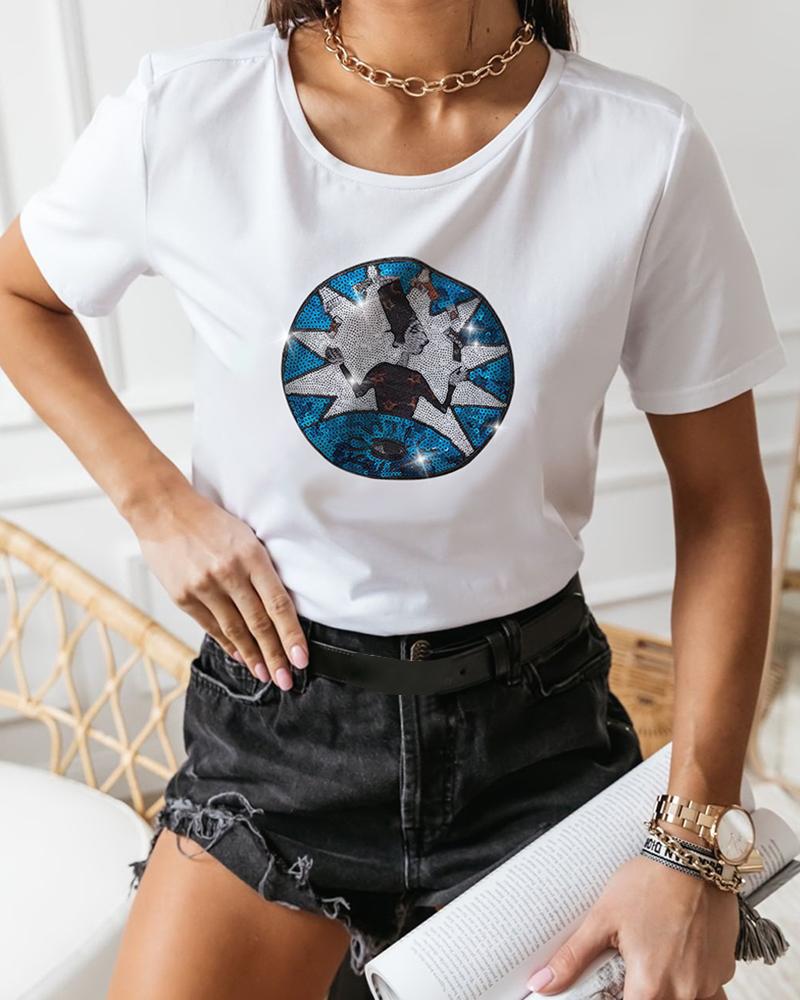 

Sequins Short Sleeve Casual T-shirt, White