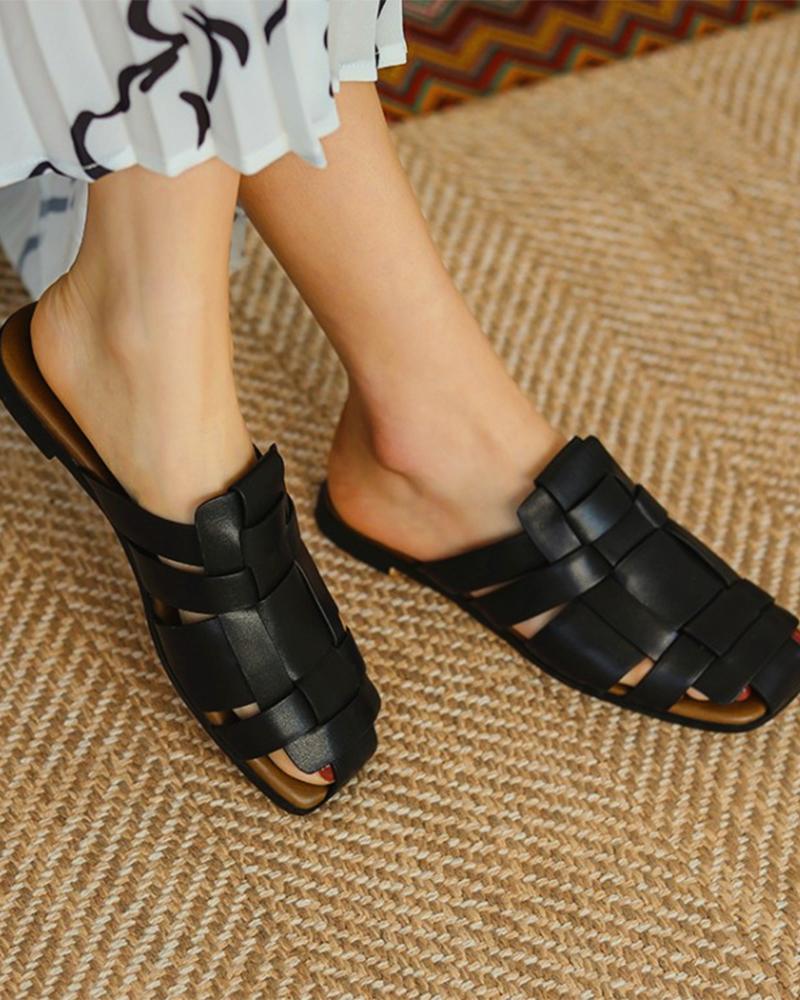 

Solid Woven Open-toe Flat Slipper Sandals, Black