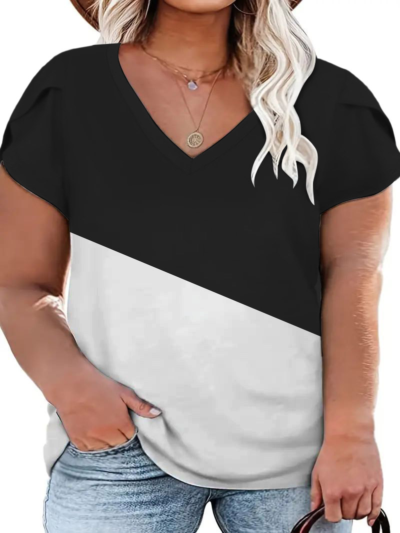 

Plus Size Colorblock Petal Sleeve V-Neck T-Shirt, Black