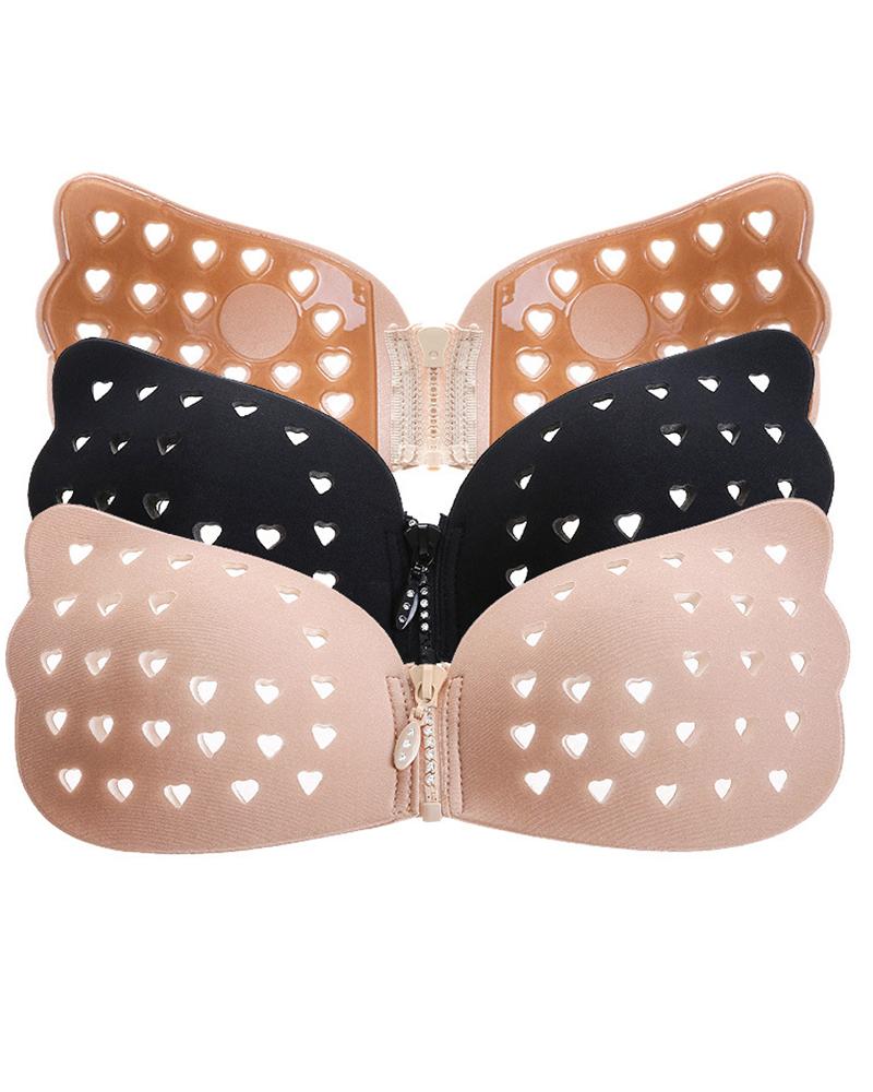 

Hollow Out Heart Adhesive Sticky Bra Strapless Invisible Zipper Lift Reusable Silicone Bra, Black