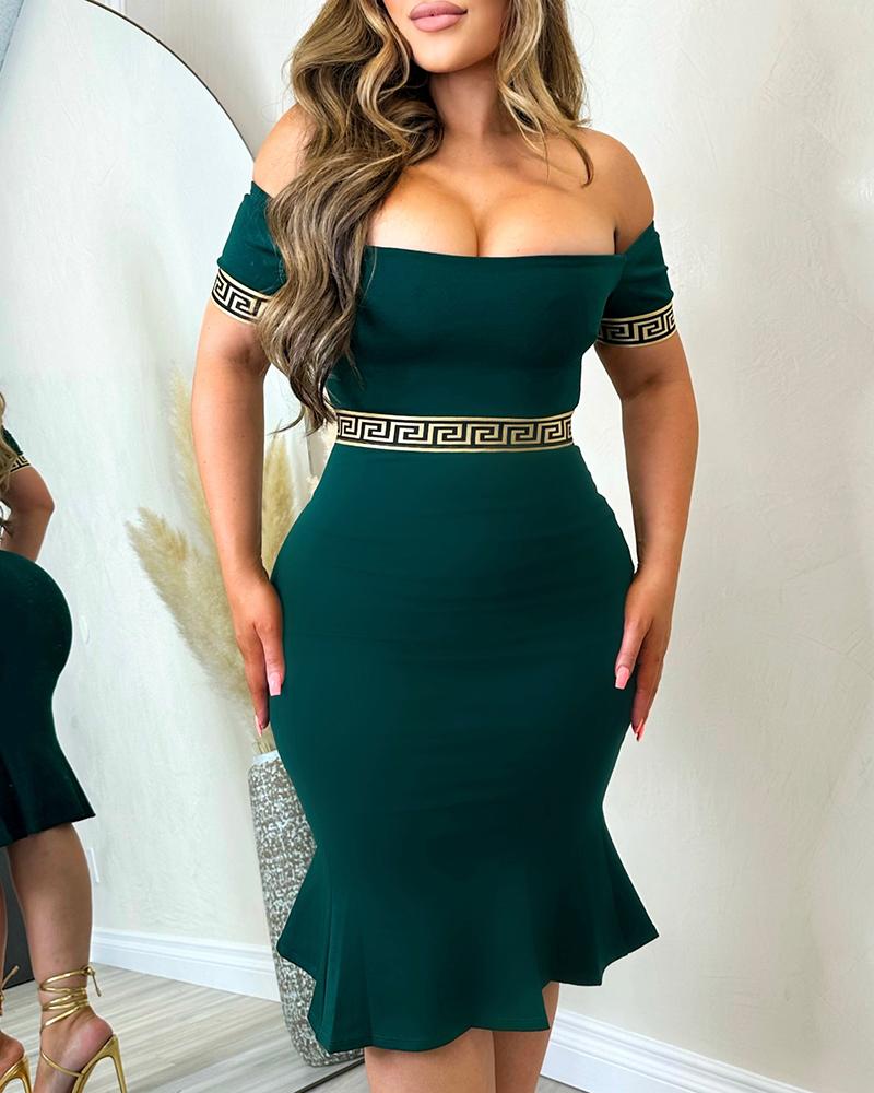 

Geo Tape Patch Off Shoulder Ruffle Hem Party Dress, Green