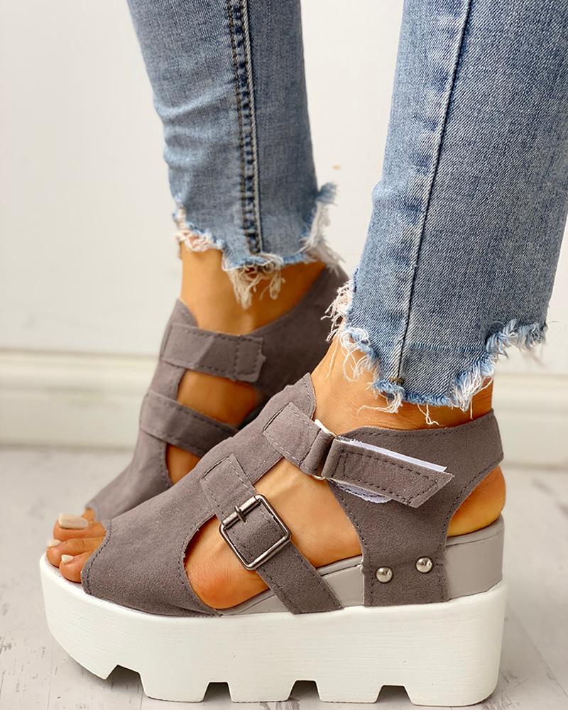 

Cutout Velcro Platform Wedge Sandals, Gray