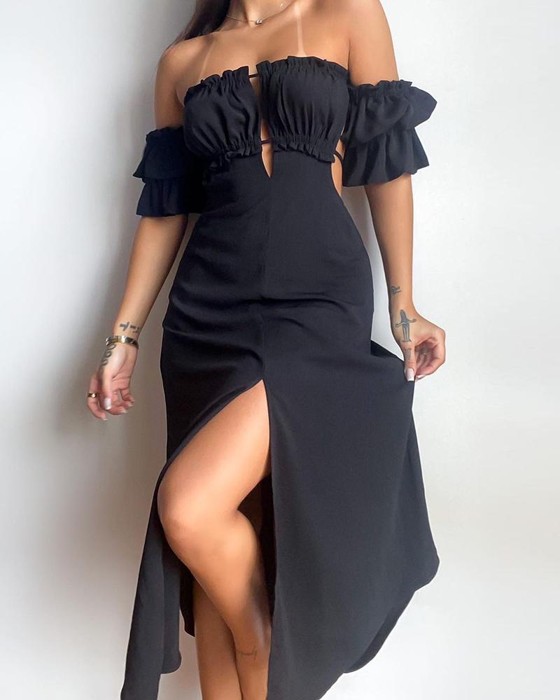

Off Shoulder Frill Hem Tied Detail Slit Dress, Black