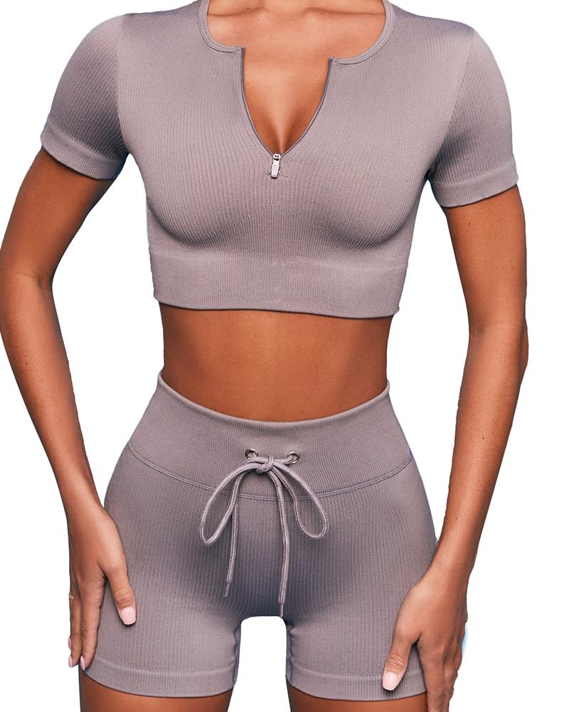 

Plain Short Sleeve Zipper Skinny Active Sets, Gray