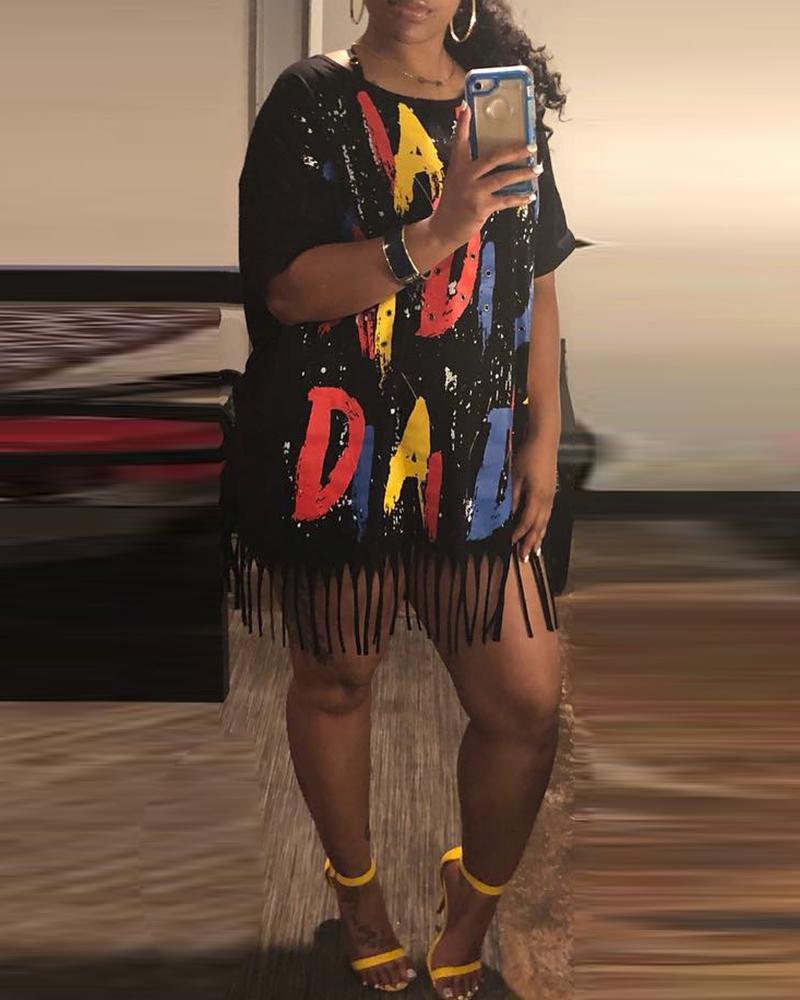 

Letter Print Short Sleeve Loose Tassels Dress, Black