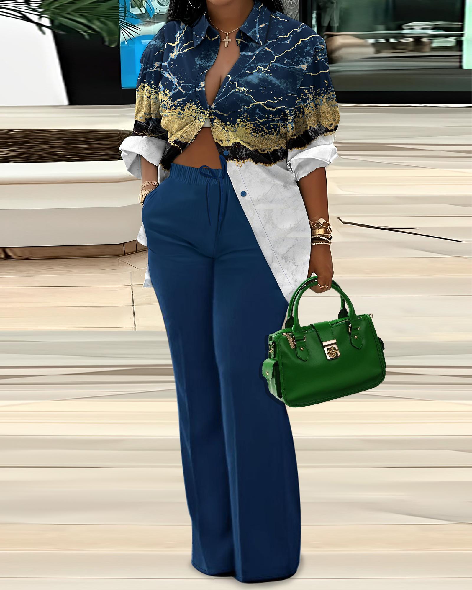 

Marble Print Colorblock Buttoned Shirt & Pants Set, Blue