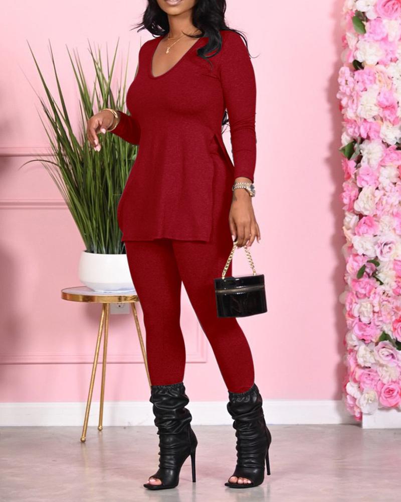 

Long Sleeve Split Hem Top & Pants Set, Red