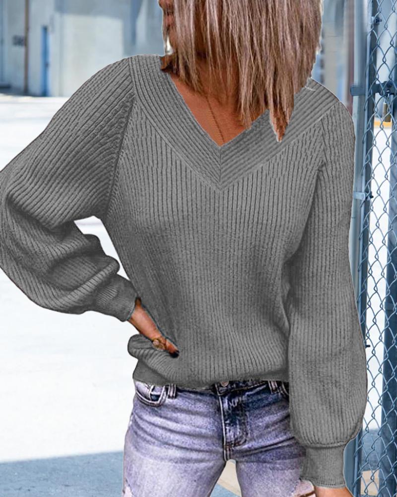 

Plain Long Sleeve V-Neck Sweater, Gray