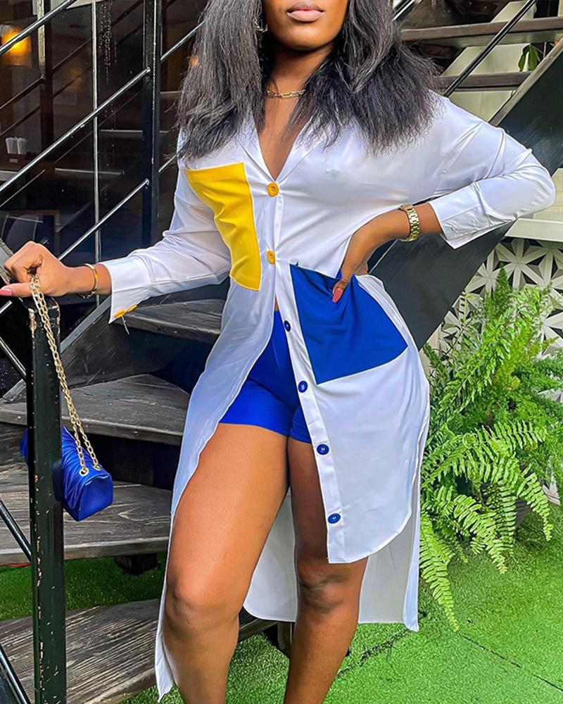 

Colorblock Pocket Detail Buttoned Shirt & Shorts Set, White