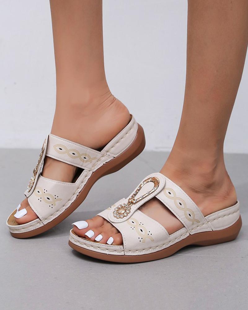 

Rhinestone Decor Hollow Out Bohemian Slippers, White