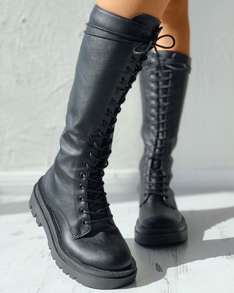 Eyelet Lace-up Long Boots