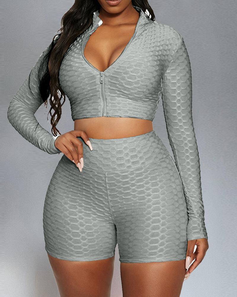 

Solid Long Sleeve Cropped Tops With Shorts Suit Sets, Gray