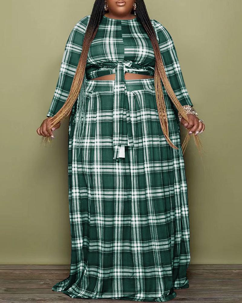 

Plus Size Plaid Print Tied Detail Crop Top & Skirt Set, Green