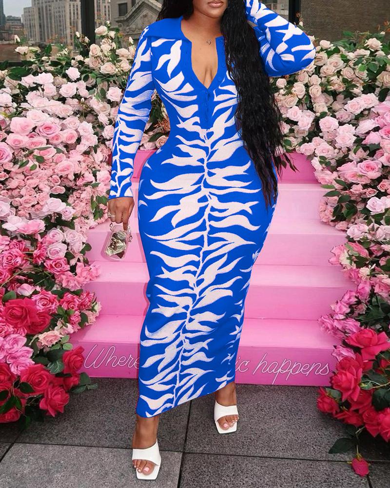 

Plus Size Plants Print Long Sleeve Casual Dress, Blue