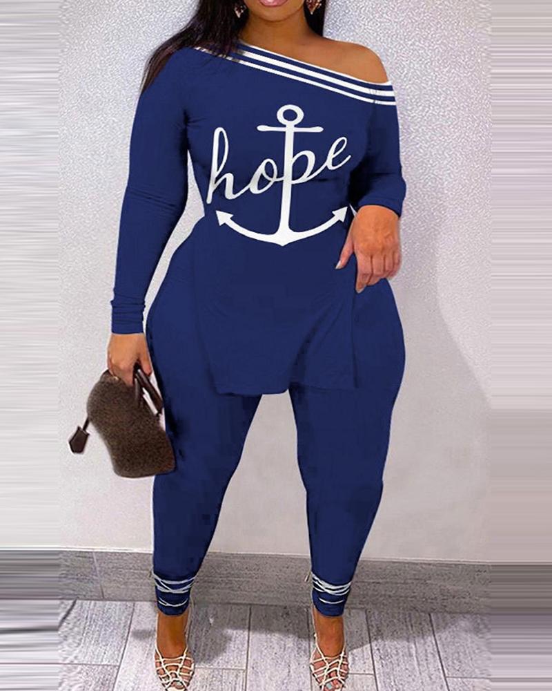 

Plus Size Anchor Letter Print Cold Shoulder Top & Pants Set, Blue