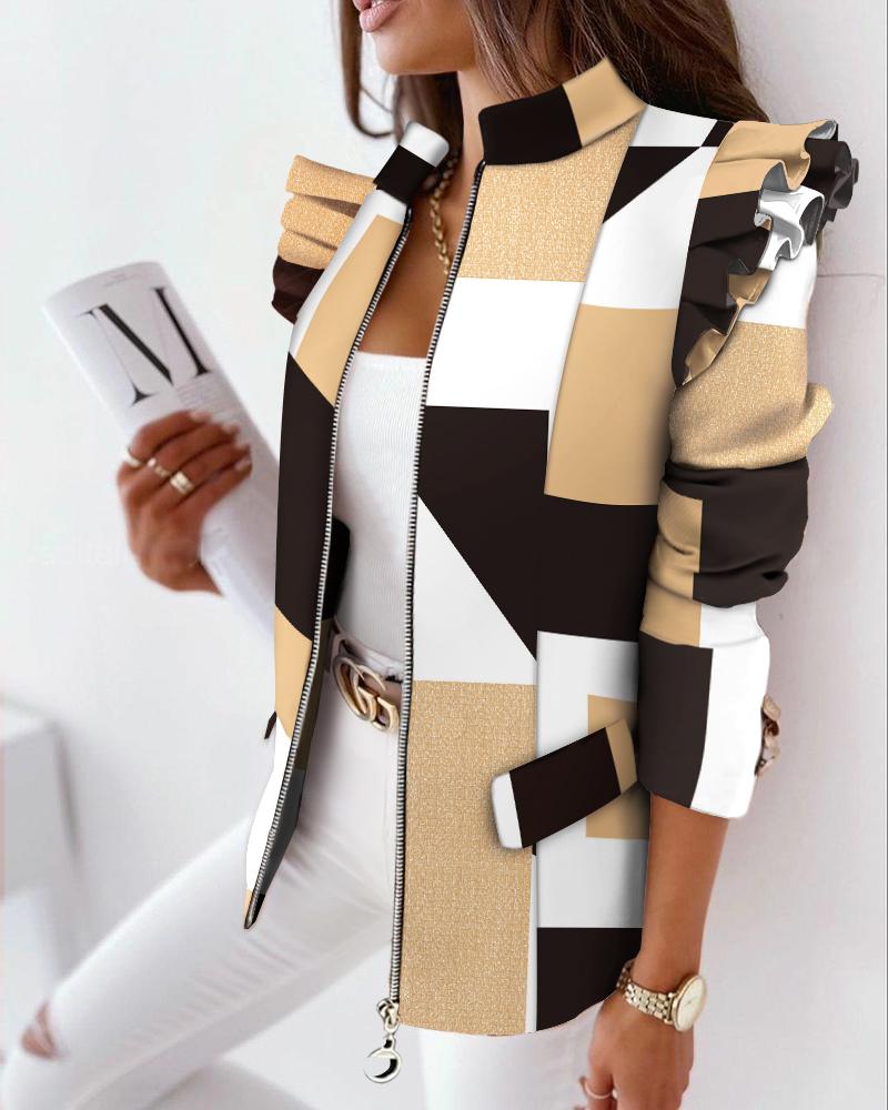 

Colorblock Print Ruffles Long Sleeve Zipper Up Coat, Multicolor