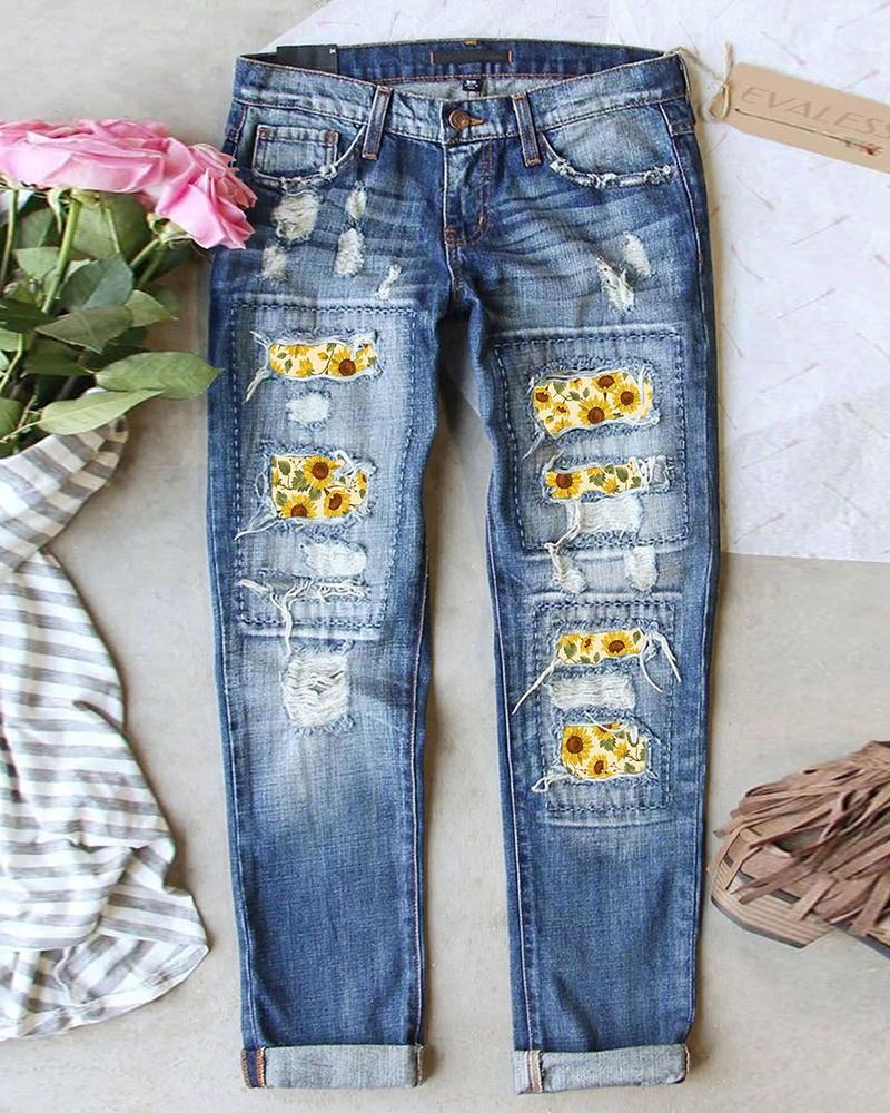 

Sunflower Print Patchwork Pocket Design Jeans, Blue