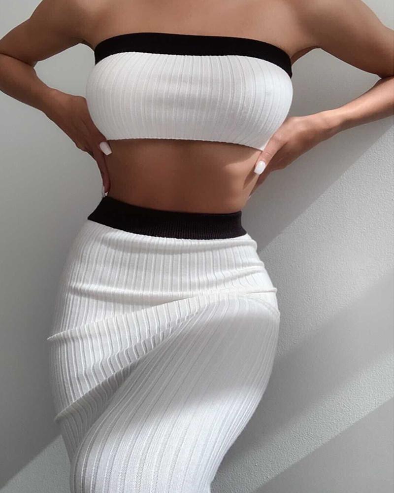 

Ribbed Off Shoulder Colorblock Top & Skirt Set, White