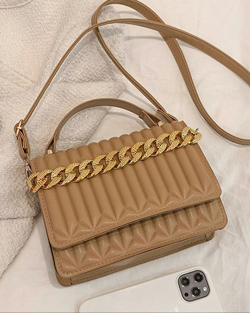 

Chain Decor Quilted Flap Shoulder Bag With Handle, Khaki