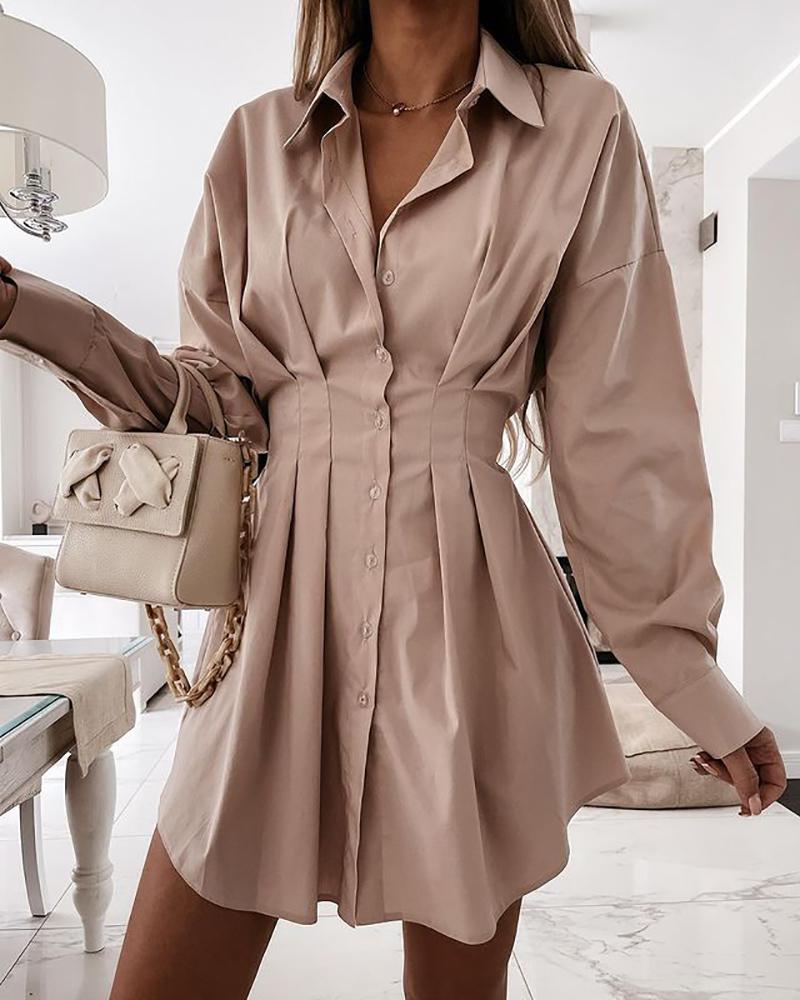 

Plain / Striped Print Button Front Ruched Shirt Dress, Khaki