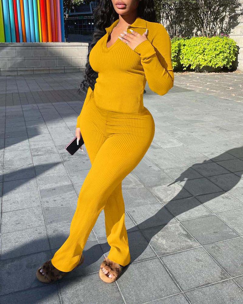 

Long Sleeve Ribbed Top & Bootcut Pants Set, Yellow