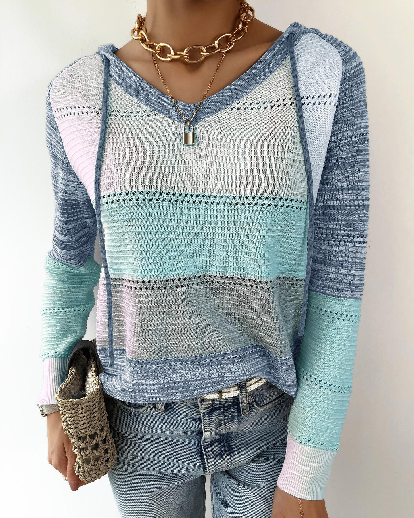 

Knit Colorblock Hollow Out Hooded Sweater, Lighted blue