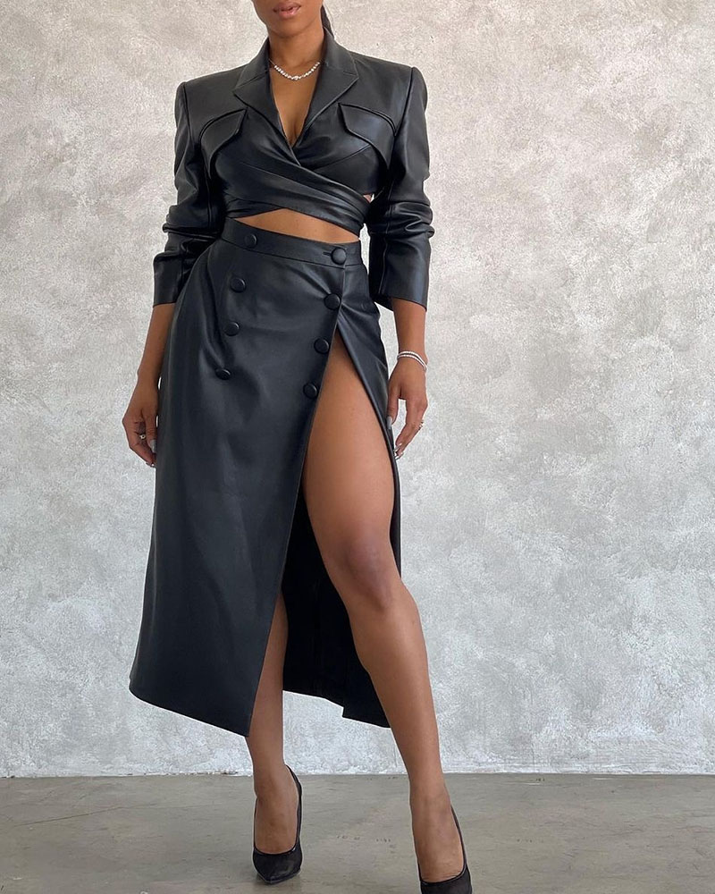 

PU Leather Blazer Coat & High Slit Maxi Skirt Set, Black
