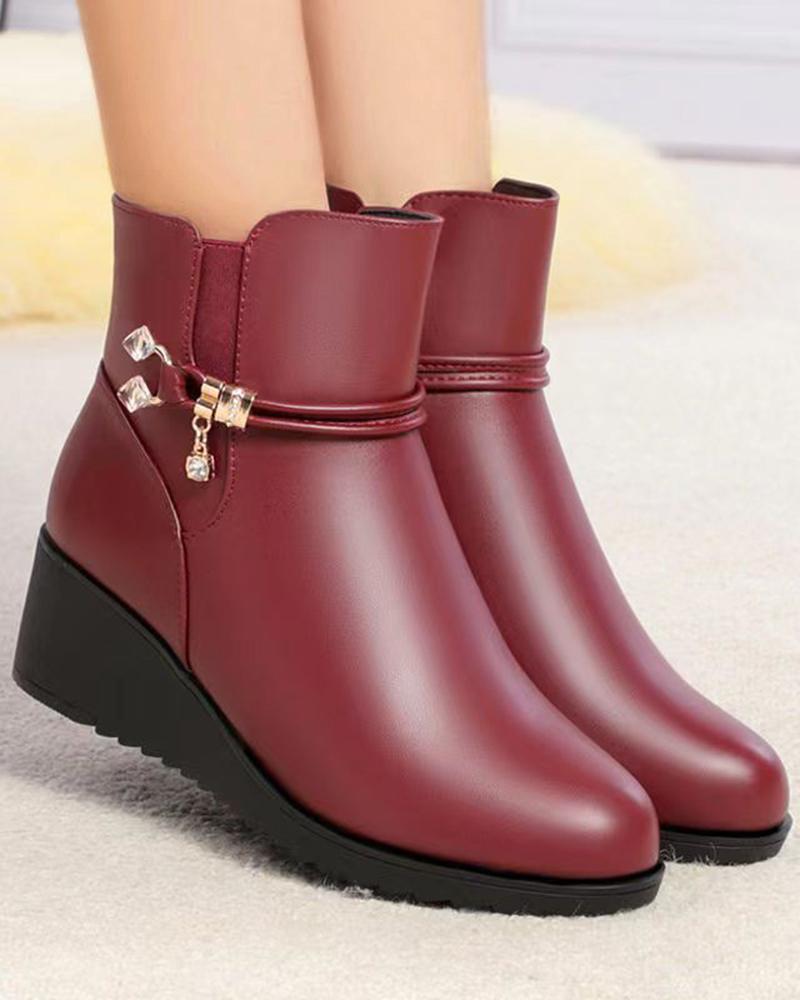 

Side Zip Lined Winter Wedge Boots, Wine red
