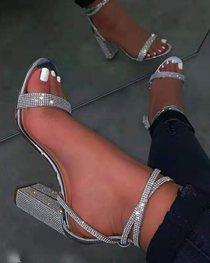 

Rhinestone Ankle Strap Chunky Heels, Silver