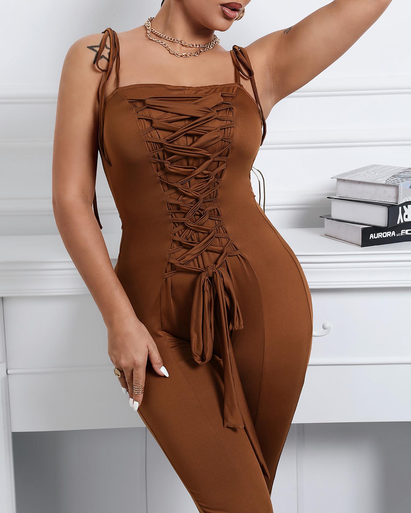 

Solid Color Lace-up Front Cami Skinny Jumpsuit, Brown