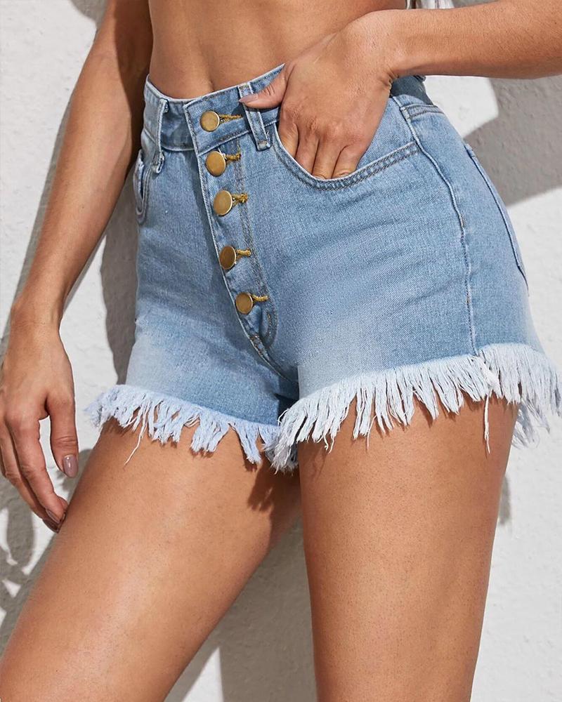 

Button Front Denim Shorts, Blue