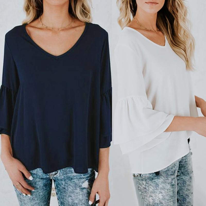 

Solid Layered Bell Sleeve Casual Blouse, Dark blue