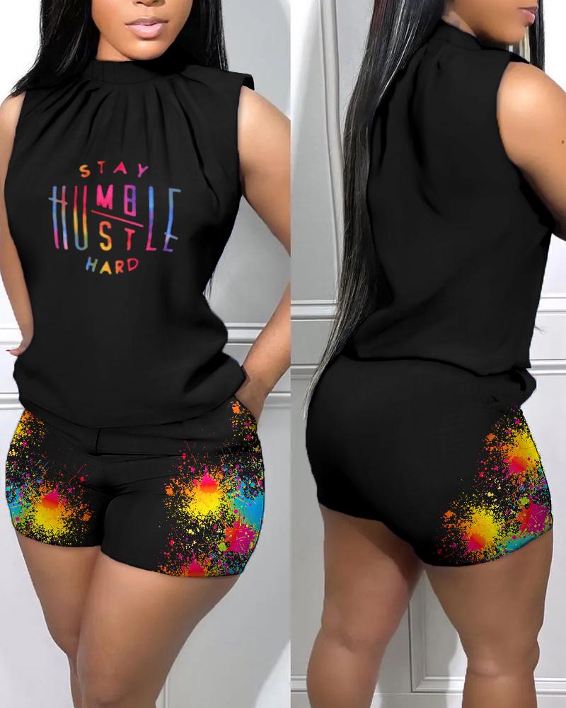 

Slogan Ink Splash Print Sleeveless Tank Top & Shorts Set, Black