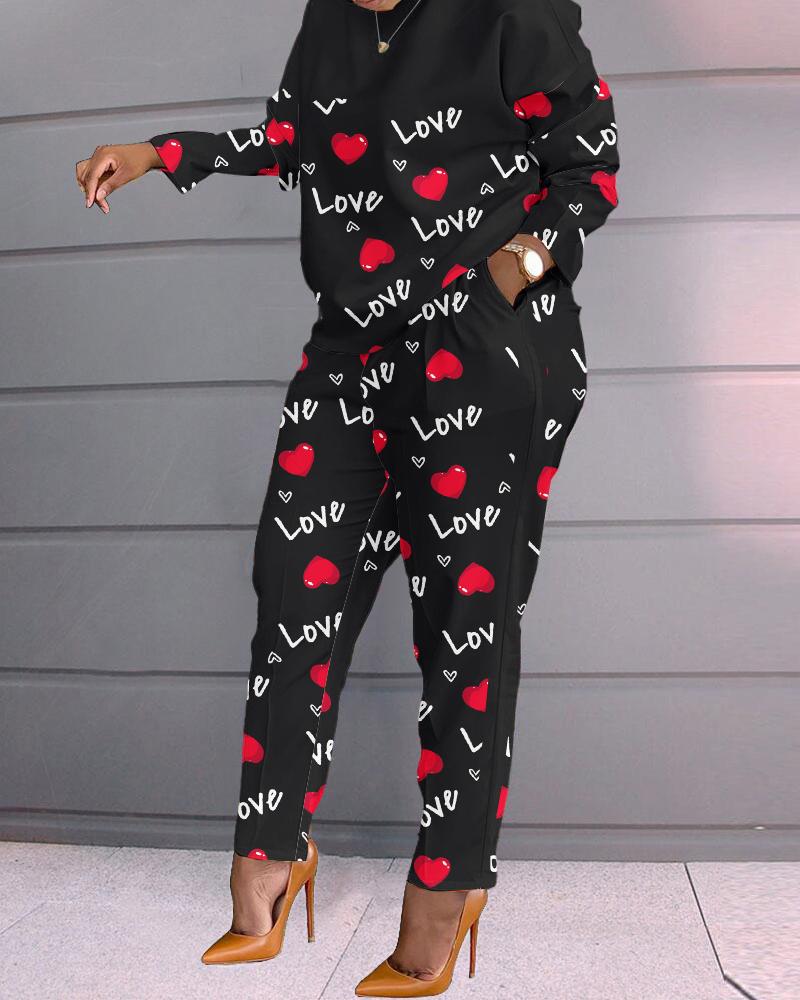 

Plus Size Valentine's Day Love Heart Print Top & Pants Set, Black