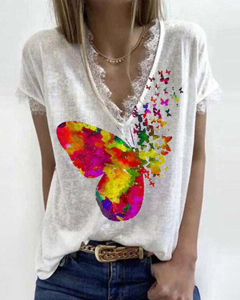 

Butterfly Print Colorblock Lace Trim T-Shirt, White