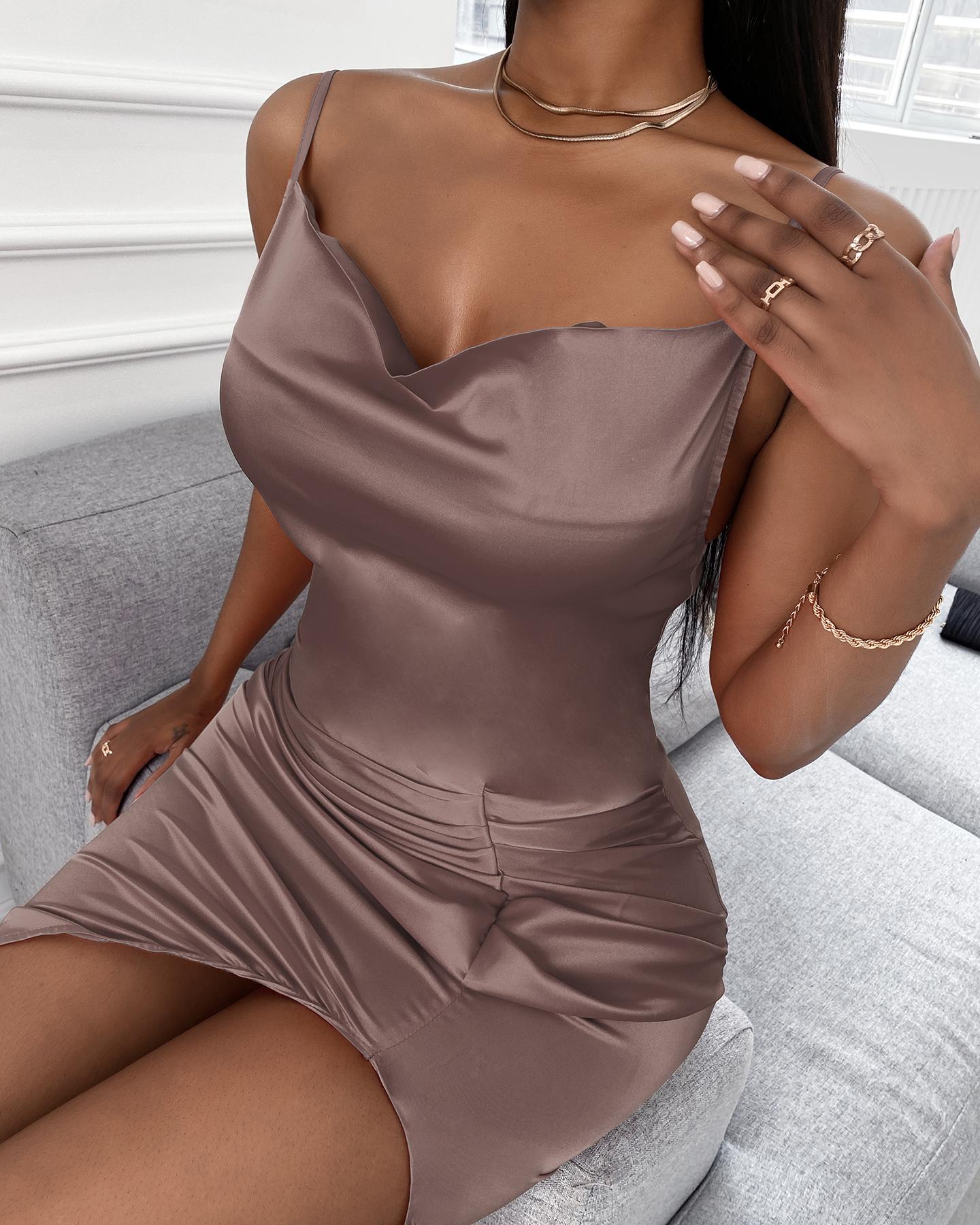 

Satin Spahetti Strap Slit Ruched Dress, Purple