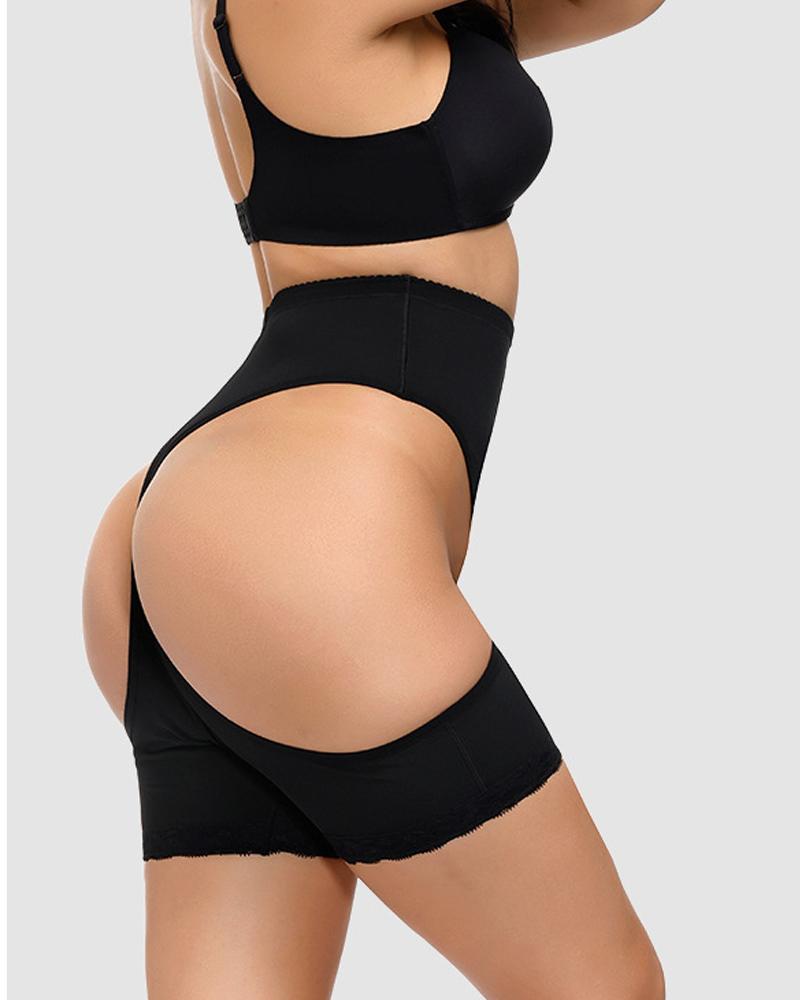 

Contrast Lace High Waist Cut-Out Butt Abdomen Safe Shapewear Shorts, Black
