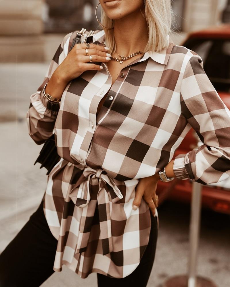 

Plaid Print Long Sleeve Button Down Shirt, Khaki
