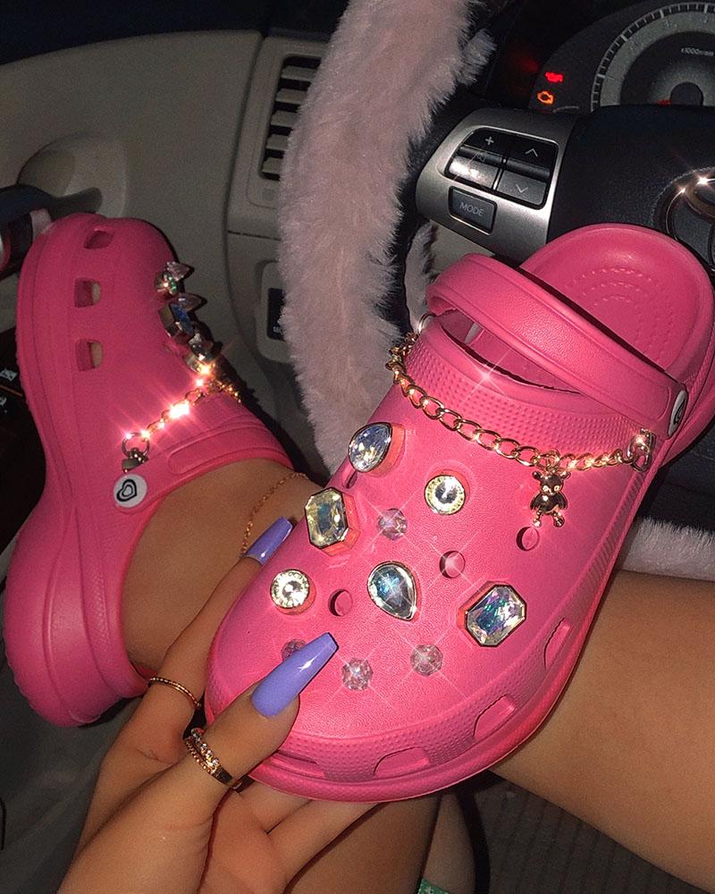 

Chain Decor Bear Pattern Rhinestone Lined Fluffy Clogs, Hot pink