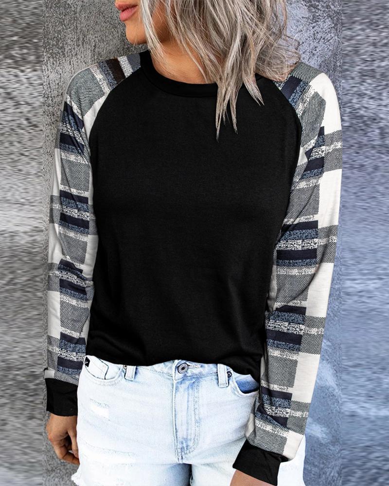 

Contrast Plaid Long Sleeve Casual Top, Black