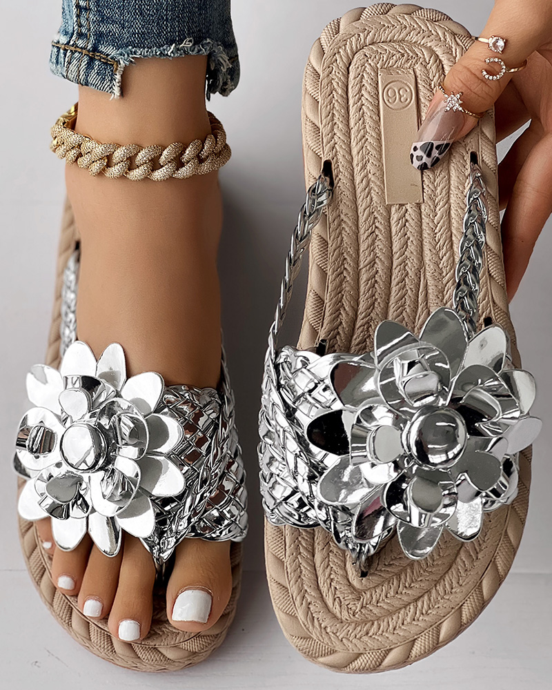 

Chanclas de playa con diseño floral trenzado holográfico, Silver