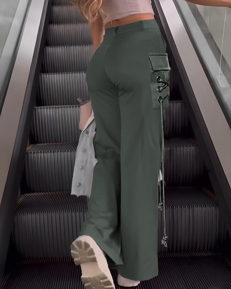 

Eyelet Lace-up Wide Leg Cargo Pants, Army green
