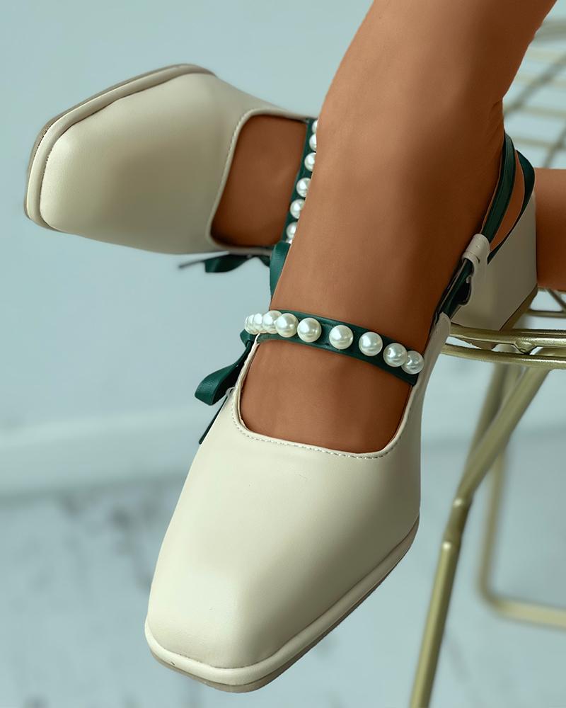 

Beaded Strap Bowknot Decor Square Toe Chunky Heels, Green