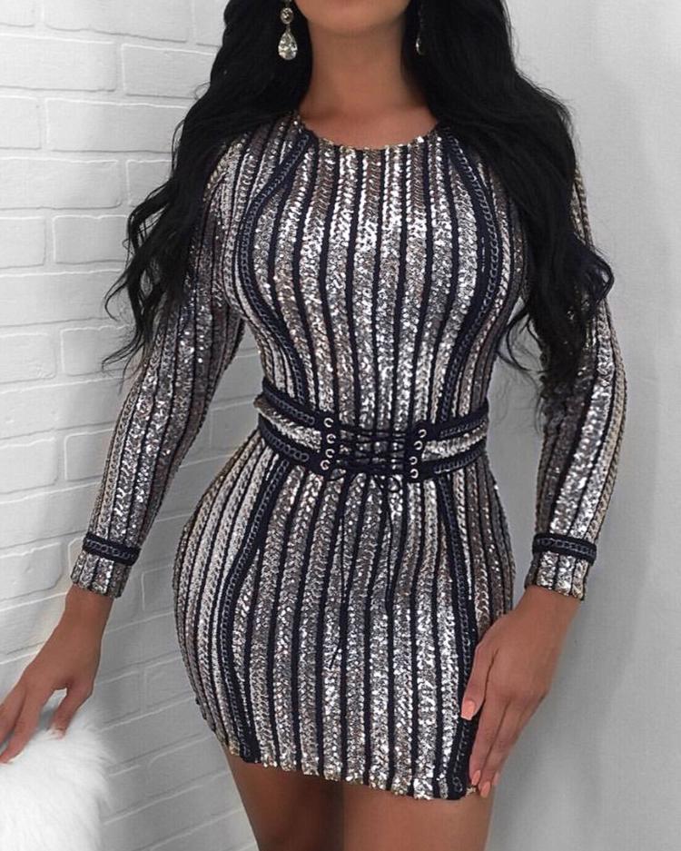 

Sequins Stripes Bodycon Mini Dress, Silver